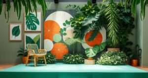 Descriptive scene of a Cape Town symposium stage with green foliage and abstract artwork, emphasizing sustainable infrastructure.