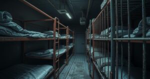 A dimly lit, overcrowded prison cell with rusted metal bars and bare concrete walls, depicting a dire atmosphere.