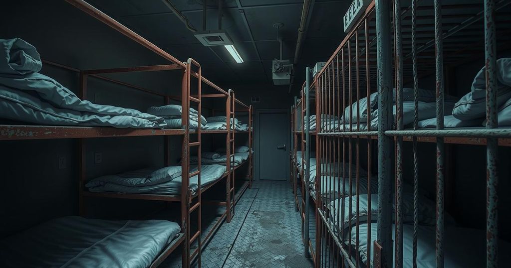A dimly lit, overcrowded prison cell with rusted metal bars and bare concrete walls, depicting a dire atmosphere.