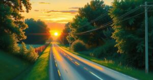 A serene rural road scene with green trees and a sunset, evoking a sense of calm and reflection.
