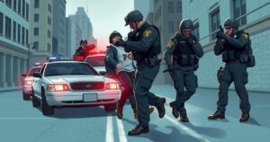 Police operation capturing suspects posing as law enforcement, showcasing teamwork and law enforcement efforts.