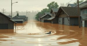 A submerged market town with brown floodwaters engulfing homes and streets, reflecting climate challenges in Nigeria.
