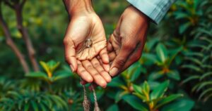 Couple's hands holding a ring symbolizing unity in marriage, set against a vibrant landscape reflecting Tanzanian culture.