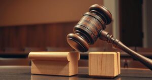 A dramatic gavel striking a sound block in a courtroom symbolizing justice and legal proceedings.
