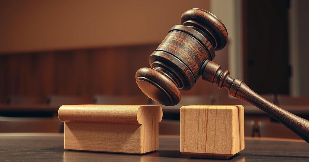 A dramatic gavel striking a sound block in a courtroom symbolizing justice and legal proceedings.