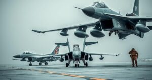 A military display showcasing aircraft and advanced weaponry in a dramatic training exercise under a cloudy sky.
