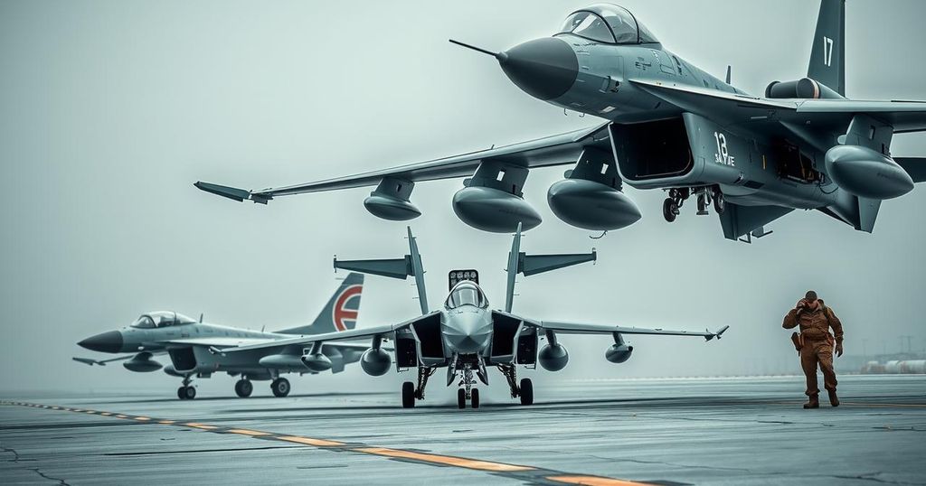 A military display showcasing aircraft and advanced weaponry in a dramatic training exercise under a cloudy sky.