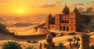 A golden desert landscape with historic architecture, illustrating diplomacy and agreements in the Middle East.