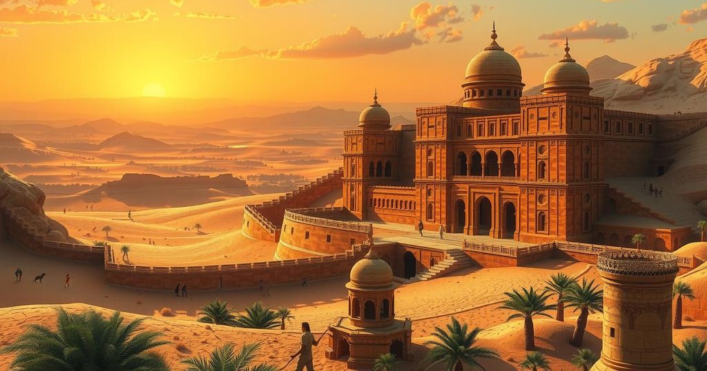 A golden desert landscape with historic architecture, illustrating diplomacy and agreements in the Middle East.
