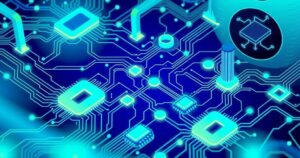 A visual representation of global semiconductor progress and partnerships in technology, featuring abstract circuit motifs.