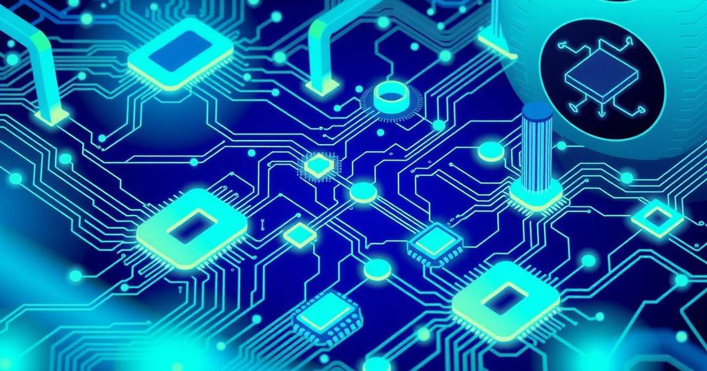 A visual representation of global semiconductor progress and partnerships in technology, featuring abstract circuit motifs.
