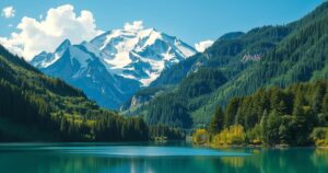 A scenic landscape showcasing diverse ecosystems, symbolizing climate discussions between nations, in vibrant colors.