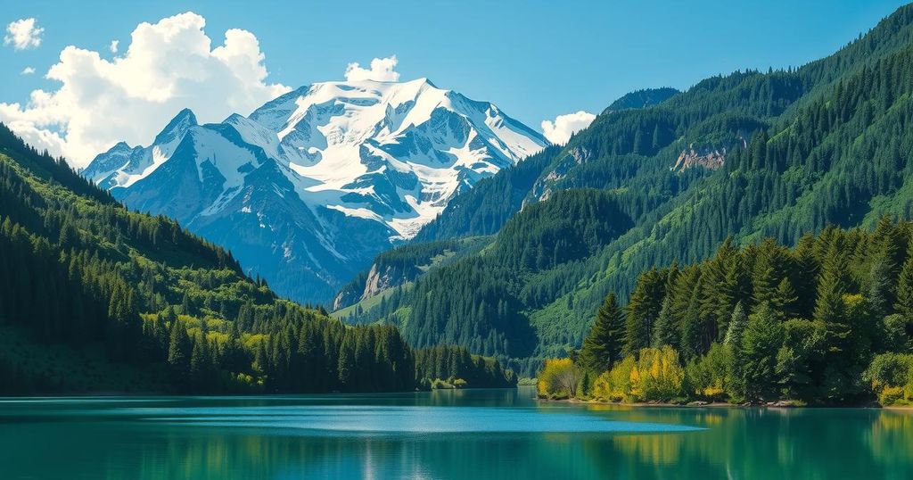 A scenic landscape showcasing diverse ecosystems, symbolizing climate discussions between nations, in vibrant colors.