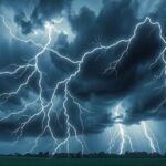 A dramatic scene of dark storm clouds with lightning, emphasizing a severe thunderstorm alert in a natural setting.