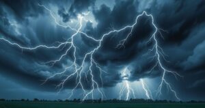 A dramatic scene of dark storm clouds with lightning, emphasizing a severe thunderstorm alert in a natural setting.
