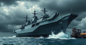 A North Korean warship launching at a shipyard, surrounded by dramatic clouds and a tense atmosphere.