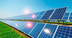 A large solar panel array in Ghana under blue skies representing renewable energy innovation.