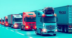 A growing number of trucks transporting cars, showcasing a vibrant trade scene, featuring a blue and green color scheme.