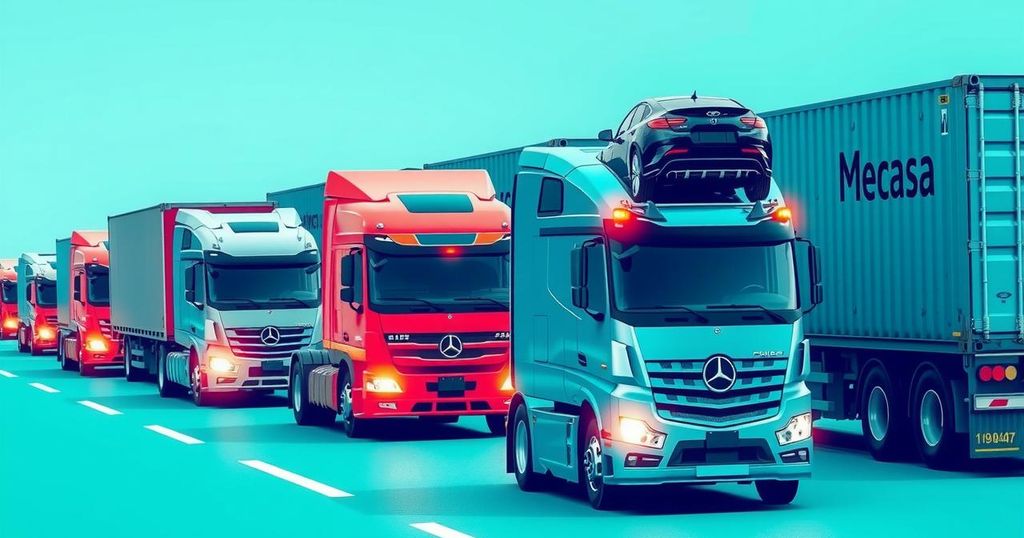 A growing number of trucks transporting cars, showcasing a vibrant trade scene, featuring a blue and green color scheme.