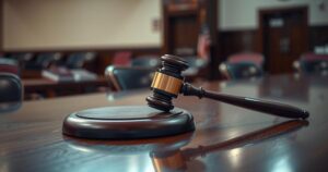 A gavel placed on a wooden desk, symbolizing justice and law, with a blurred background of a courtroom.