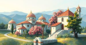 A peaceful Turkish landscape with traditional architecture and blooming flowers, symbolizing hope amidst conflict.