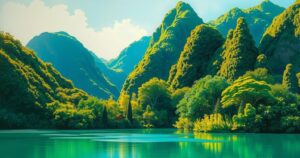 Colorful representation of Malaysia's landscape with mountains, jungle, and a serene lake.