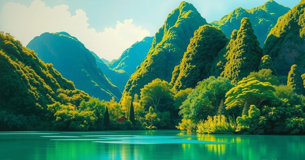 Colorful representation of Malaysia's landscape with mountains, jungle, and a serene lake.