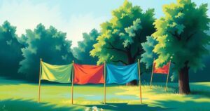 A peaceful protest scene with banners in a natural landscape, emphasizing unity and activism in a global context.