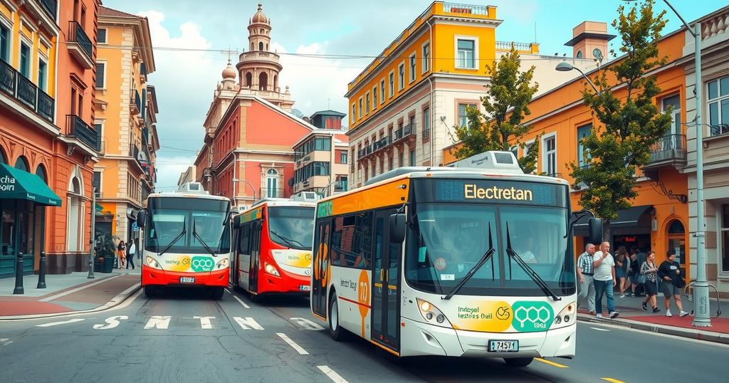 Electric buses in a vibrant Chilean cityscape, showcasing green technology and urban scenery under a sunny sky.