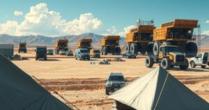 Construction site with equipment, electric vehicles, and stark working conditions highlighted in muted colors.