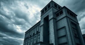 A foreboding prison building set against a moody sky, symbolizing strong themes of confinement and justice.
