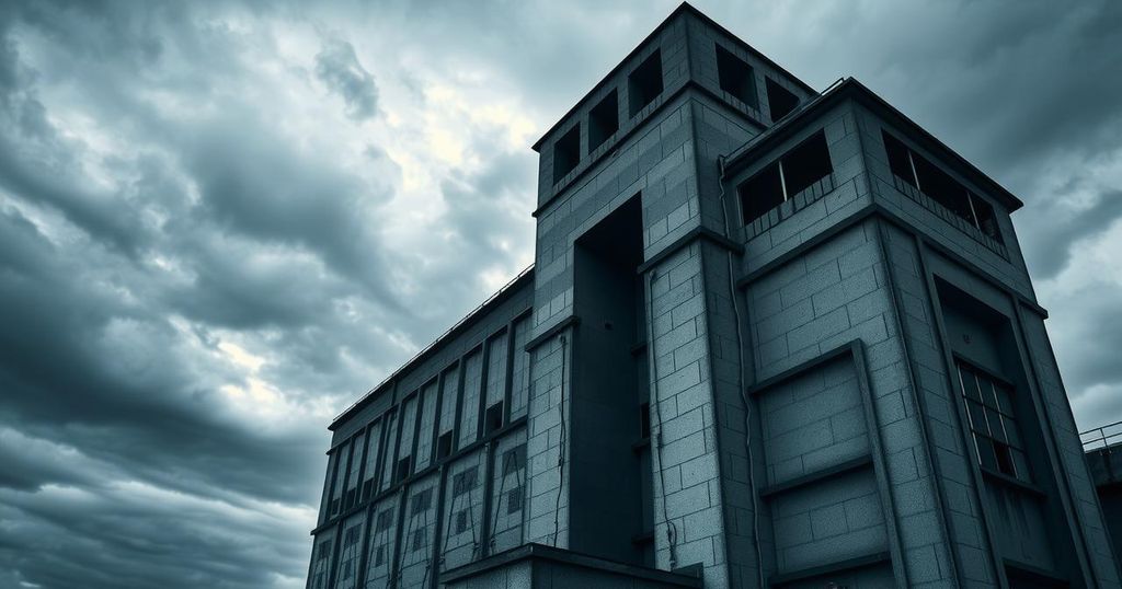 A foreboding prison building set against a moody sky, symbolizing strong themes of confinement and justice.