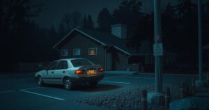 Abandoned vehicle near a deserted lodge with warning signs indicating crime and safety in a quiet area.