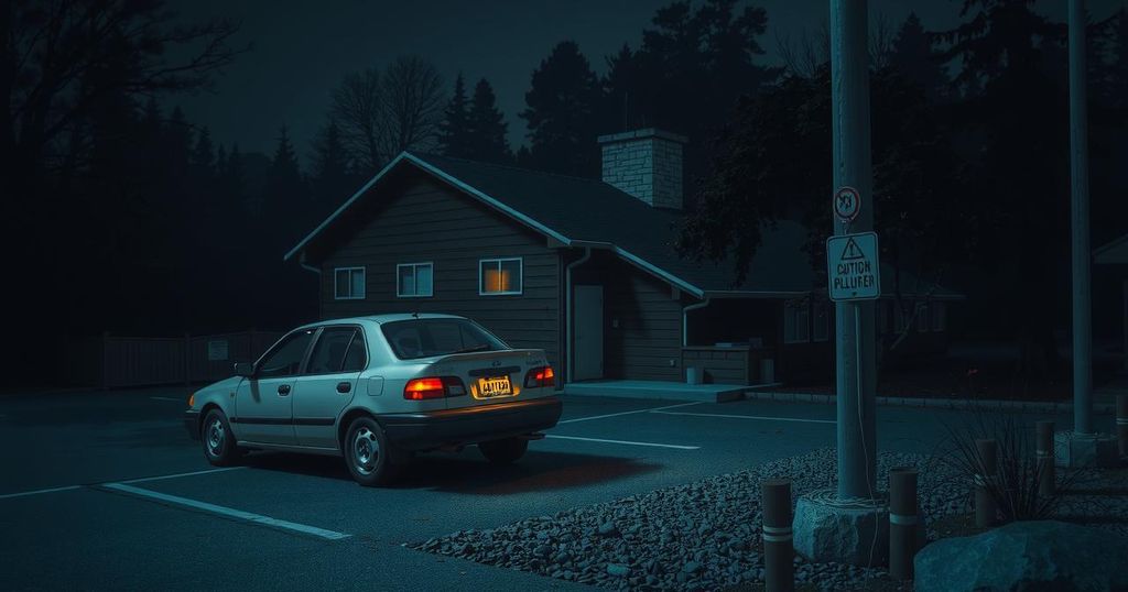 Abandoned vehicle near a deserted lodge with warning signs indicating crime and safety in a quiet area.