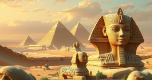 An ancient Egyptian landscape showcasing pyramids and artifacts in warm earthy tones.