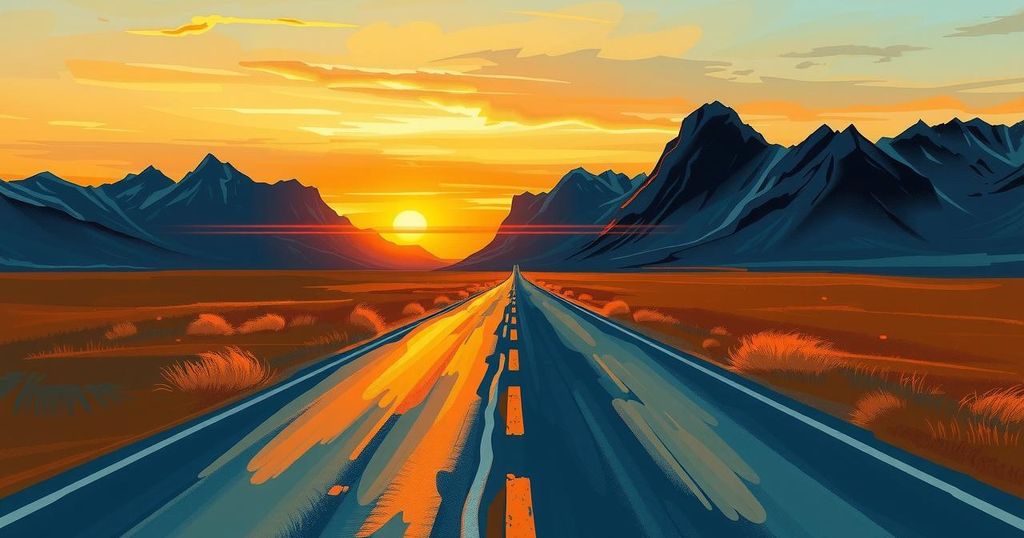 A vivid landscape representing migration, featuring open roads, distant mountains under a sunset sky.