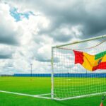 Soccer field with two flags and vibrant colors representing Brazil and Ecuador teams during a tournament match.