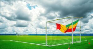 Soccer field with two flags and vibrant colors representing Brazil and Ecuador teams during a tournament match.