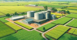 A modern agricultural site with rice milling equipment and lush green fields in a vibrant landscape.