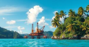 A vibrant coastal scene with oil rigs, tropical greenery, and clear skies representing Suriname's oil wealth and future.