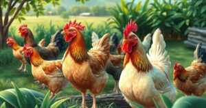 Illustration of a chicken farm with healthy-looking chickens, lush greenery, and blue skies, in a realistic style.