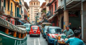 A scenic view of Lagos with vibrant colors showcasing city life and historical elements during a significant day.