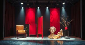 A vibrant stage with dramatic lighting, abstract props symbolizing Beirut's resilience and artistic expression after conflict.
