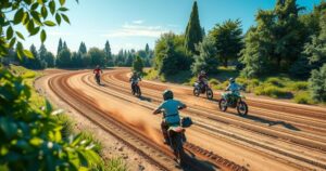A motocross track surrounded by trees, featuring dirt bikes and riders ready for action under a clear blue sky.