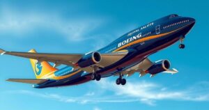 A luxurious Boeing 747-8 airplane with an elegant design, set against a clear blue sky, symbolizing aviation royalty.