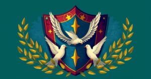 A powerful symbol of unity against adversity, featuring motifs like shields, doves, and olive branches in bold colors.