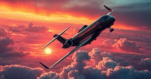 Luxury jet in vibrant sunset over clouds, capturing the essence of political donations and national significance.