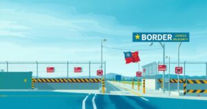 A border scene with fences and signage, representing a significant political deal involving security and family movement.