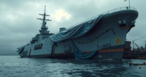 A damaged warship capsized with blue tarpaulin, reflecting a naval mishap under a cloudy sky in a port setting.