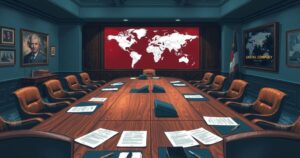A political meeting room with flags, documents, and a map, symbolizing diplomatic discussions on foreign relations.